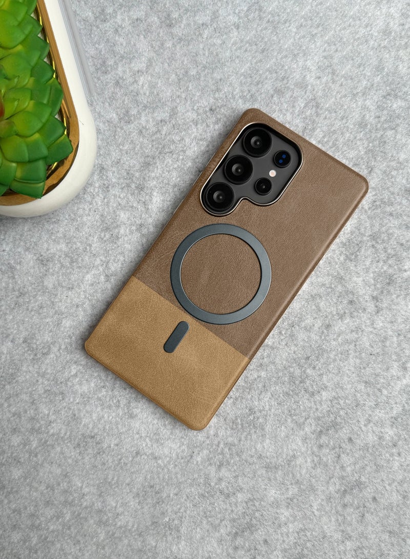 Wtech Samsung Galaxy S25 Ultra 5G 2025 Premium Stylish Metallic Textured Leather Magsafe Ring Case Cover (MCMPMN) - Brown - Image 2