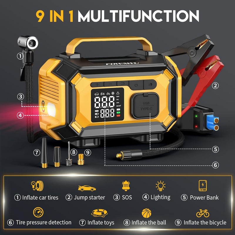 فواوو FOWAWU 8000A مشغل بطارية وضاغط هواء، منفاخ إطارات 150 PSI | 9 في 1: جميع البنزين/10 لتر ديزل، مشغل ذكي، بنك طاقة، إيقاف تلقائي، Type-C QC، ضوء LED - Image 4