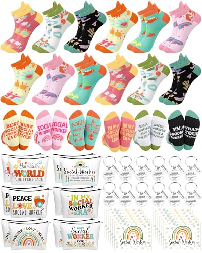 Dansydaisy 48 Pcs Novelty Social Worker Gifts Bulk Include Funny Cotton Ankle Socks Makeup Bag Keychain Greeting Card for Thank You Appreciation Birthday Graduation Gifts Supplies - Image 1