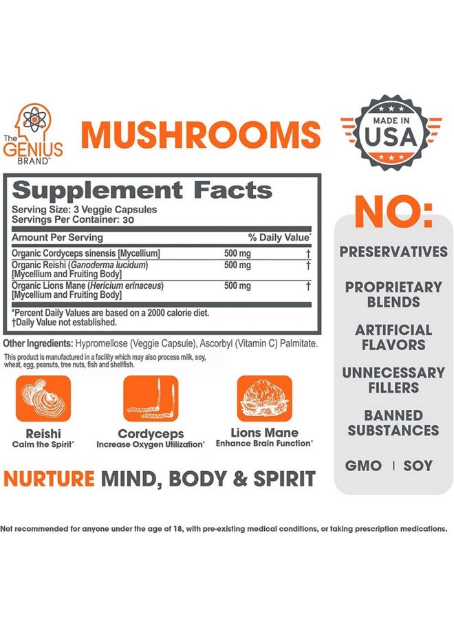 The Genius Brand Genius Mushroom Supplement - Full-Spectrum Lion’s Mane, Cordyceps, Reishi -Daily Brain Nootropic for Energy, Focus, Memory & Overall Wellness - 90 Capsules - Organic for Mental Clarity & Performance - Image 2