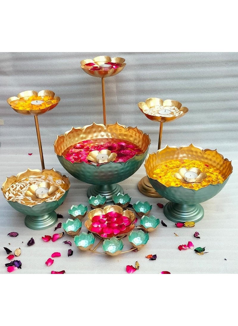 Lazybeee Lazybeee Urli Bowl Candle Stand with Floating Diya Decorative Urli for Home and Festival Decor 10Piece Set for Floating Flowers Elegant Green and Gold Design 