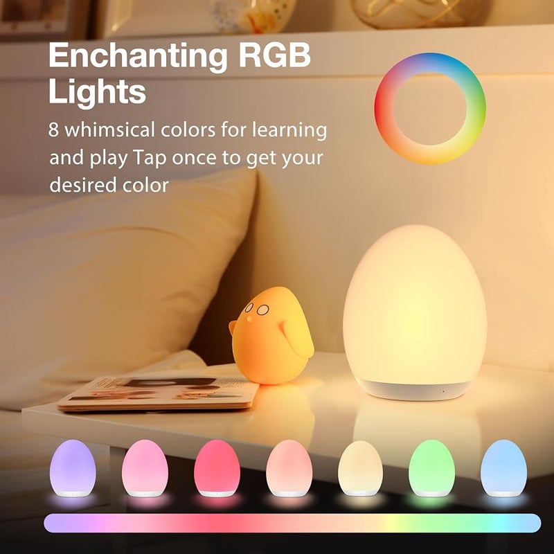 JolyWell Night Light for Kids, Egg Light for Nursery with 7 RGB Colors Changeable & Stepless Dimming, Rechargeable Tap Light with 1h Timer & Touch Control, Portable Night Light for Babies BPA Free - Image 3