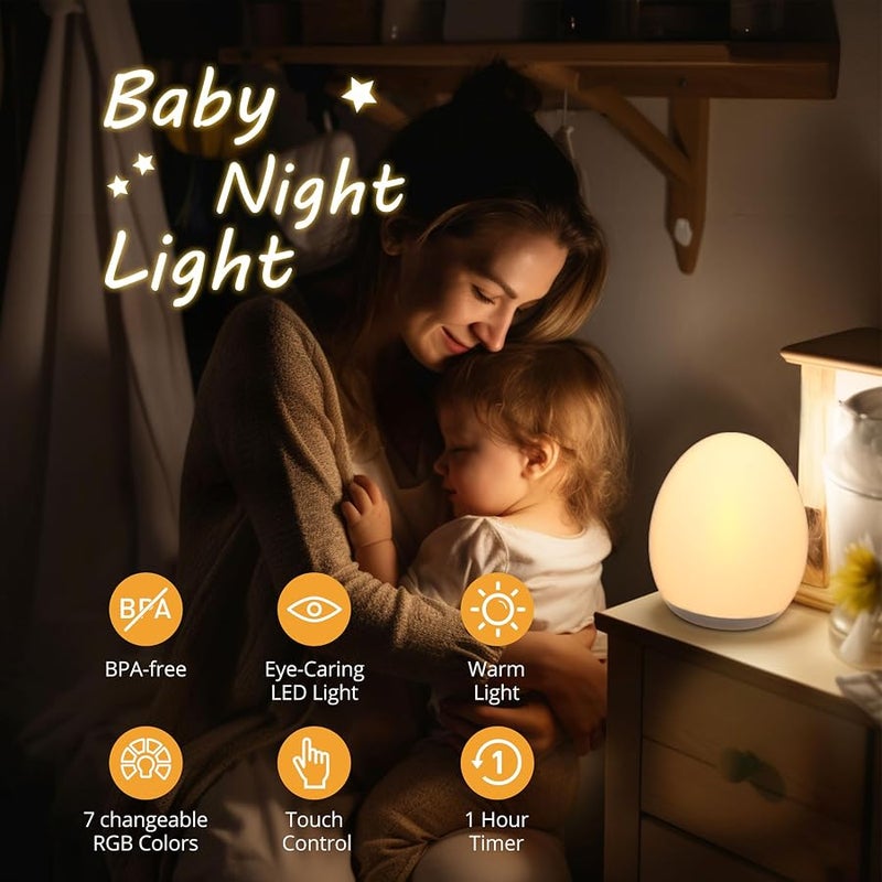JolyWell Night Light for Kids, Egg Light for Nursery with 7 RGB Colors Changeable & Stepless Dimming, Rechargeable Tap Light with 1h Timer & Touch Control, Portable Night Light for Babies BPA Free - Image 2