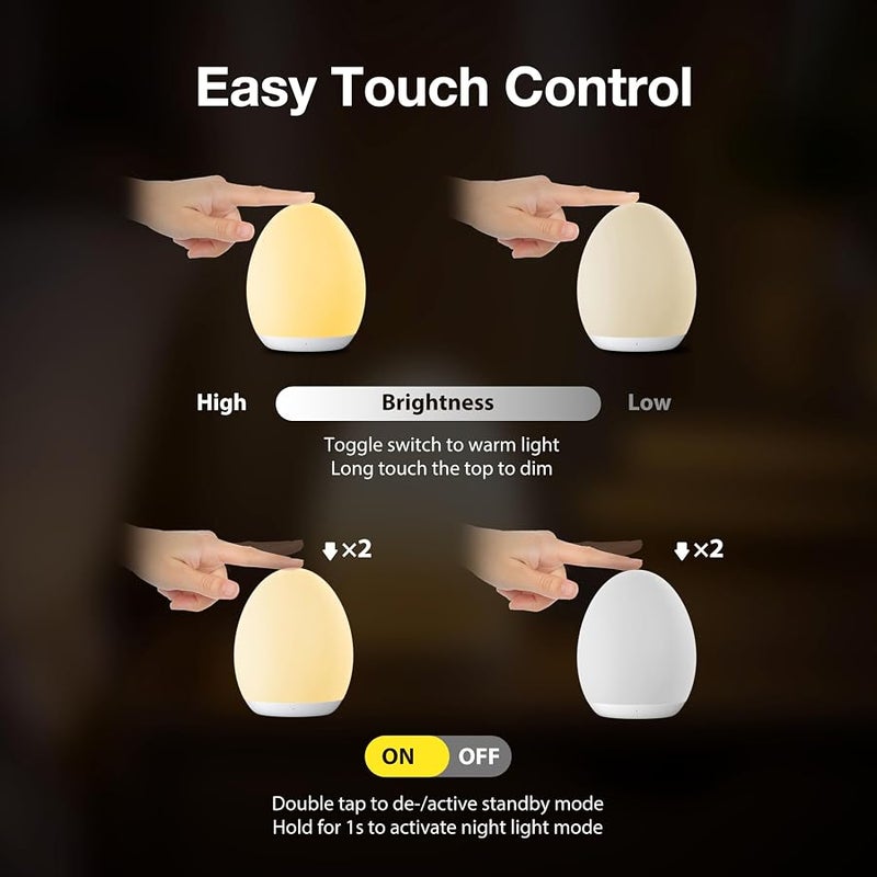 JolyWell Night Light for Kids, Egg Light for Nursery with 7 RGB Colors Changeable & Stepless Dimming, Rechargeable Tap Light with 1h Timer & Touch Control, Portable Night Light for Babies BPA Free - Image 5