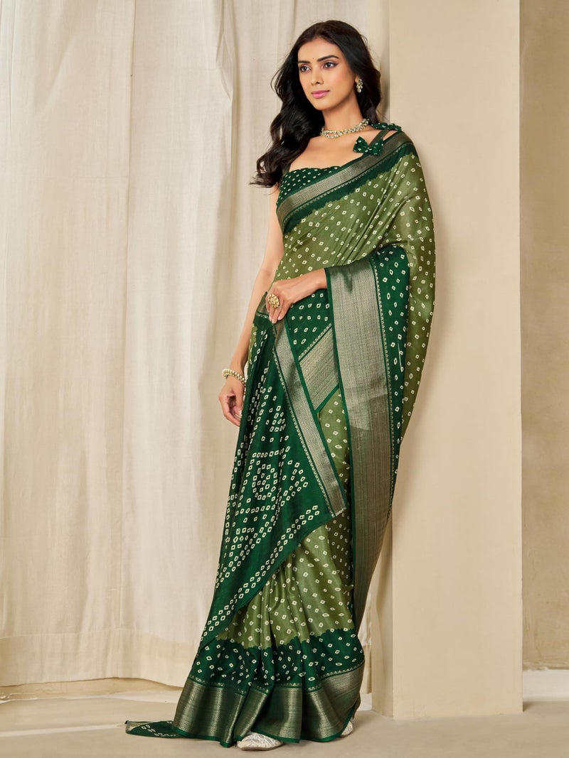 EthnicJunction Women's Dola Silk Bandhani Print Zari border Saree with Blouse Piece - Image 3
