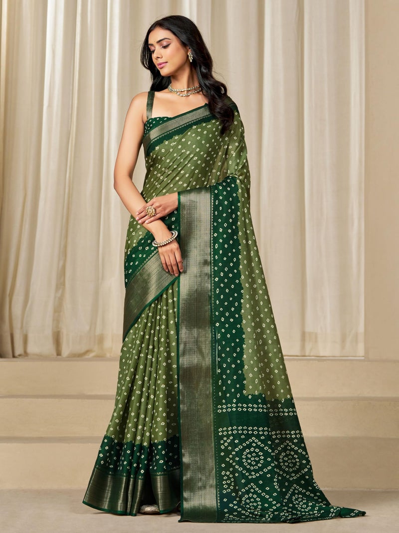 EthnicJunction Women's Dola Silk Bandhani Print Zari border Saree with Blouse Piece - Image 4