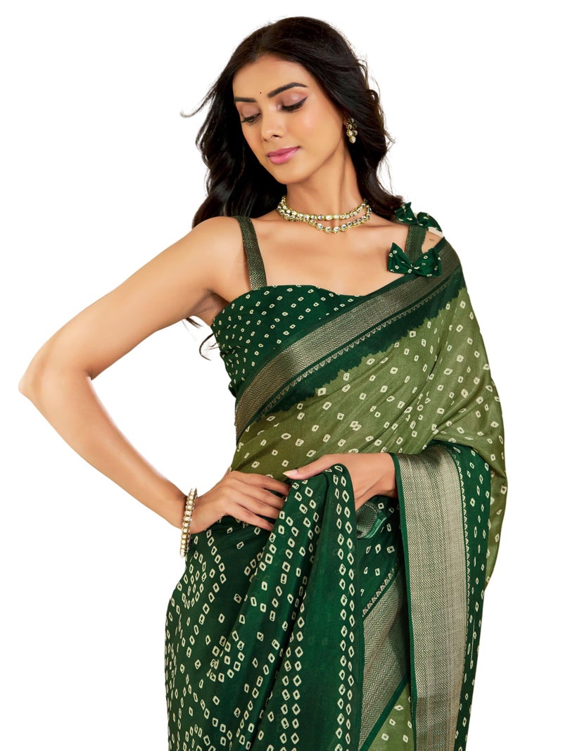 EthnicJunction Women's Dola Silk Bandhani Print Zari border Saree with Blouse Piece - Image 1
