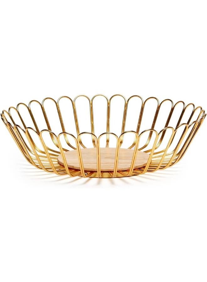 سلة فواكة وخضروات دائرية معدن بقعدة خشب (جولد)  - Image 4