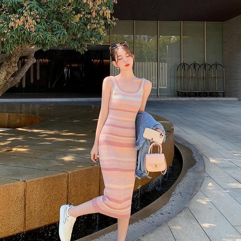 Rainbow striped sleeveless vest skirt with strap knitted dress womens summer outdoor wear slim fit mid-length Pink skirt