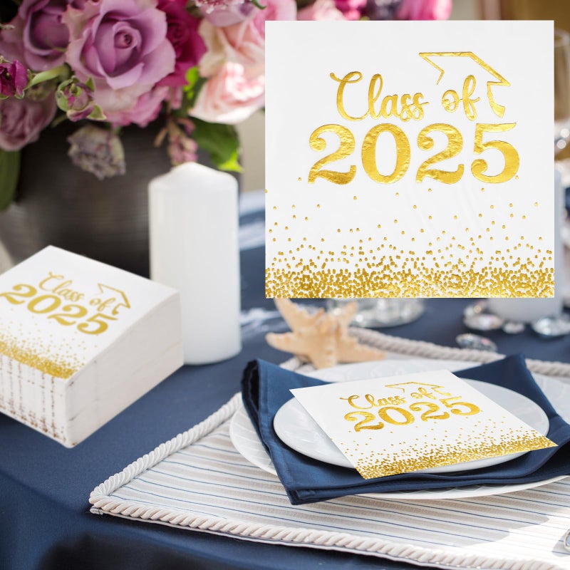 Mljsh Class of 2025 Graduation Napkins - 100 PCS White and Gold Polka Dot Paper Napkins for Grad Party Decorations - Luxurious  Absorbent  Food-Grade - Image 2