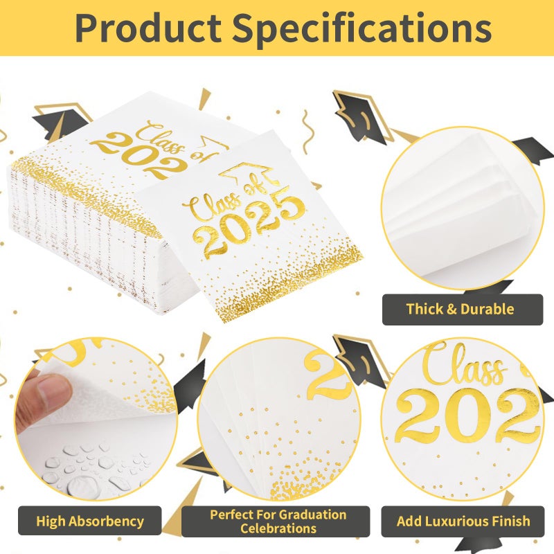 Mljsh Class of 2025 Graduation Napkins - 100 PCS White and Gold Polka Dot Paper Napkins for Grad Party Decorations - Luxurious  Absorbent  Food-Grade - Image 4