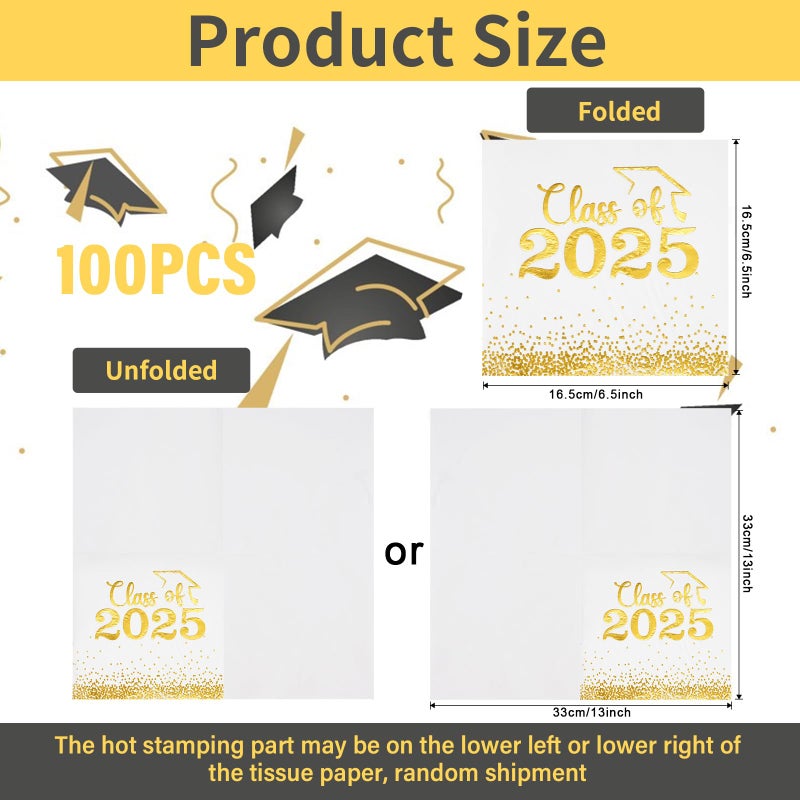 Mljsh Class of 2025 Graduation Napkins - 100 PCS White and Gold Polka Dot Paper Napkins for Grad Party Decorations - Luxurious  Absorbent  Food-Grade - Image 3