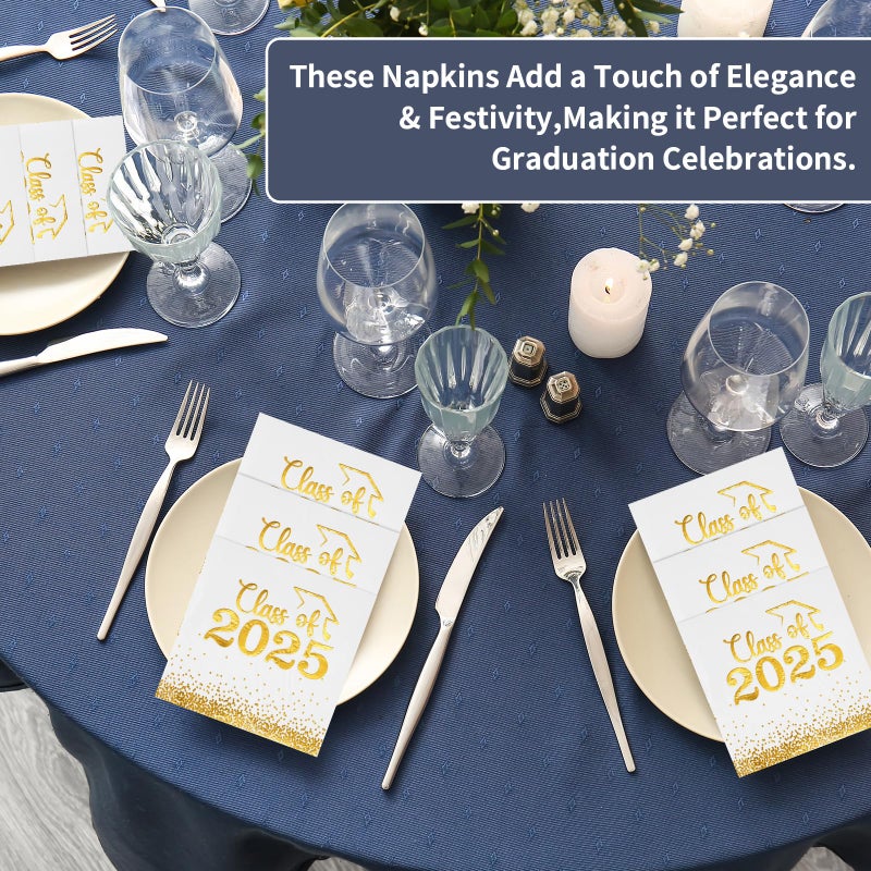Mljsh Class of 2025 Graduation Napkins - 100 PCS White and Gold Polka Dot Paper Napkins for Grad Party Decorations - Luxurious  Absorbent  Food-Grade - Image 1