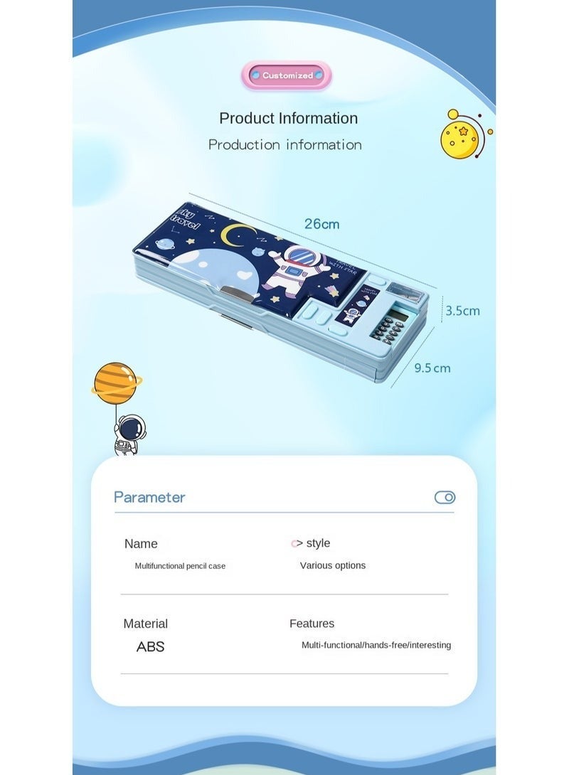 صندوق قرطاسية بلاستيكي مبتكر متعدد الوظائف لطلاب المدارس الابتدائية، مبراة آلة حاسبة مغناطيسية على الوجهين (أزرق، رائد فضاء) - Image 4
