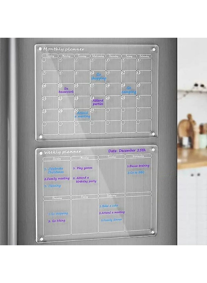 2 منظمات مقاومة للجذب المغناطيسية من الأكريليك — منظم عائلي شهري وأسبوعي، مجموعة من 2 تقويم مقاومة للجذب المغناطيسية لثلاجة، 6 ماركرات، 1 ممحاة من قطعة مناديل، لوحة منظم واضحة للمطبعة المنزلية أو المكتب - Image 2