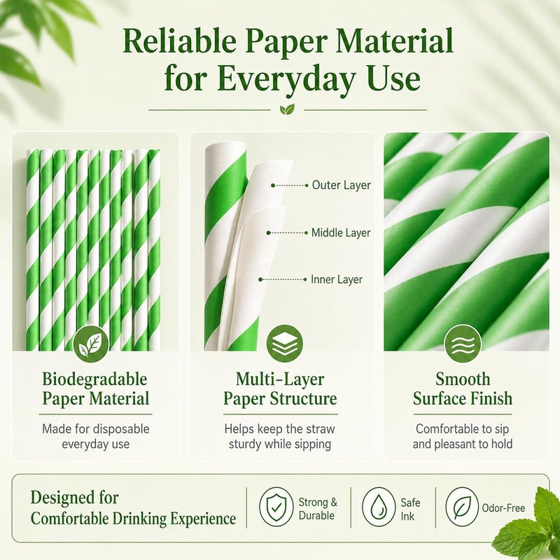 Haundry Green Paper Straws, 100 Count Disposable Drinking Straws, Green and White Striped Paper Straws, 7.75 x 0.24 in, for Cocktails, Milkshakes, Smoothies, St. Patrick’s Day and Christmas Parties - Image 3
