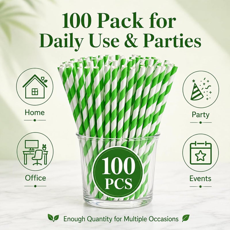 Haundry Green Paper Straws, 100 Count Disposable Drinking Straws, Green and White Striped Paper Straws, 7.75 x 0.24 in, for Cocktails, Milkshakes, Smoothies, St. Patrick’s Day and Christmas Parties - Image 4