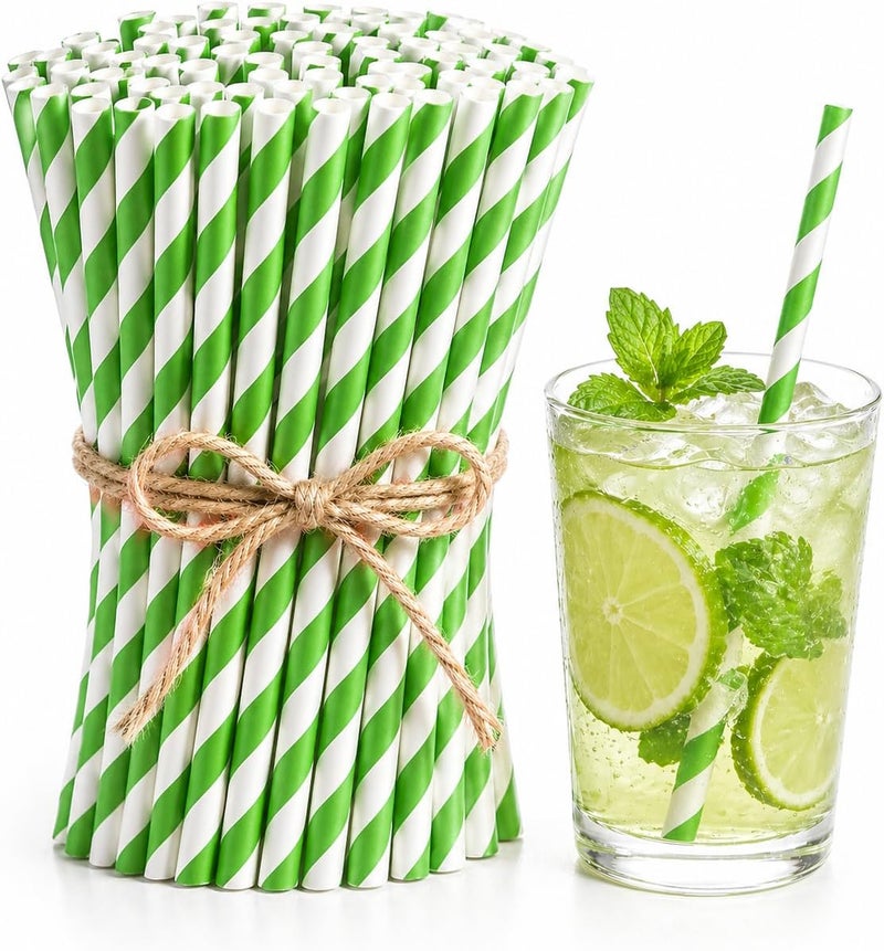 Haundry Green Paper Straws, 100 Count Disposable Drinking Straws, Green and White Striped Paper Straws, 7.75 x 0.24 in, for Cocktails, Milkshakes, Smoothies, St. Patrick’s Day and Christmas Parties - Image 1