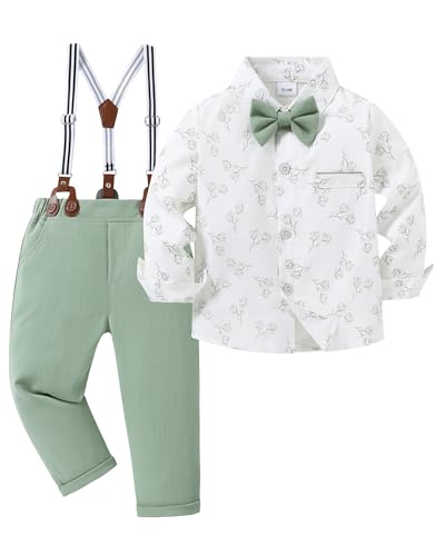 ZOEREA Toddler Baby Boy Suit Clothes Gentleman Wedding Outfits Long Sleeves Dress Shirt Suspender Pants Bowtie Green 23T - Image 1