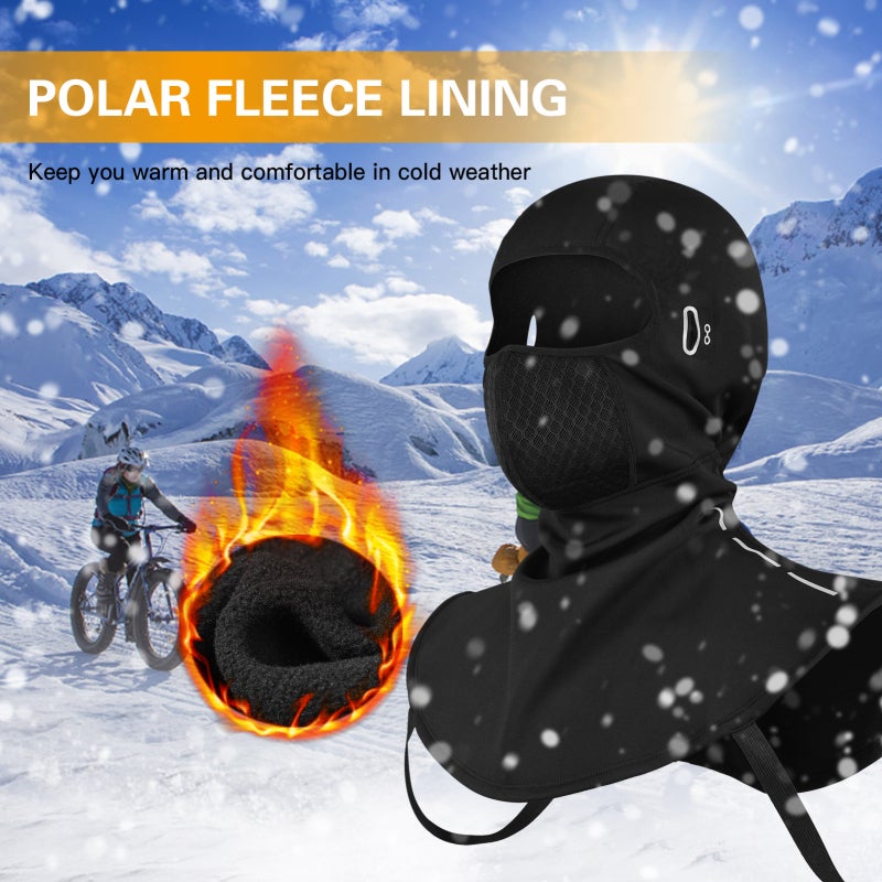 Cycling Balaclava: Thick Black Nylon Fabric, Water-Repellent Windproof - Polar Fleece Lined Warm Comfort, Mesh Nose Breathability for Cold Weather Cycling, Skiing, Glasses Wearers - Image 5