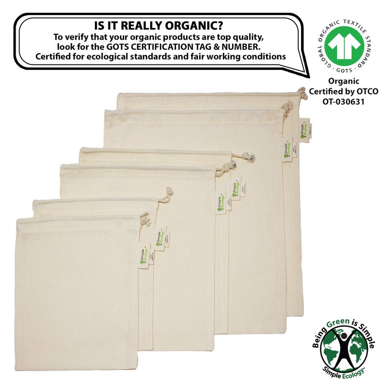 Simple Ecology Reusable Grocery Produce Shopping and Storage Bags, Organic Cotton Muslin, Set of 6 (2 ea. of L, M, S) - Image 3