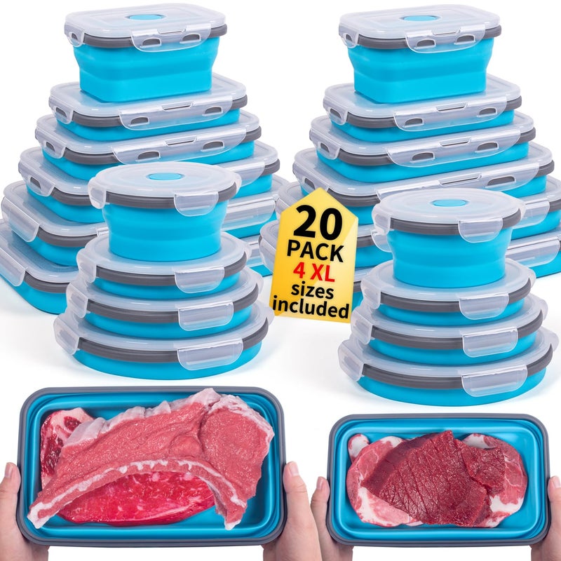 Annaklin Collapsible Food Storage Containers with Lids 20 Pack(81oz/58oz Extra Large Included), 12 Rectangular+8 Round, Annaklin Silicone Collapsible Food Containers Sets Microwave Freezer Dishwasher Safe Blue - Image 1