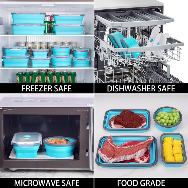 Annaklin Collapsible Food Storage Containers with Lids 20 Pack(81oz/58oz Extra Large Included), 12 Rectangular+8 Round, Annaklin Silicone Collapsible Food Containers Sets Microwave Freezer Dishwasher Safe Blue - Image 5