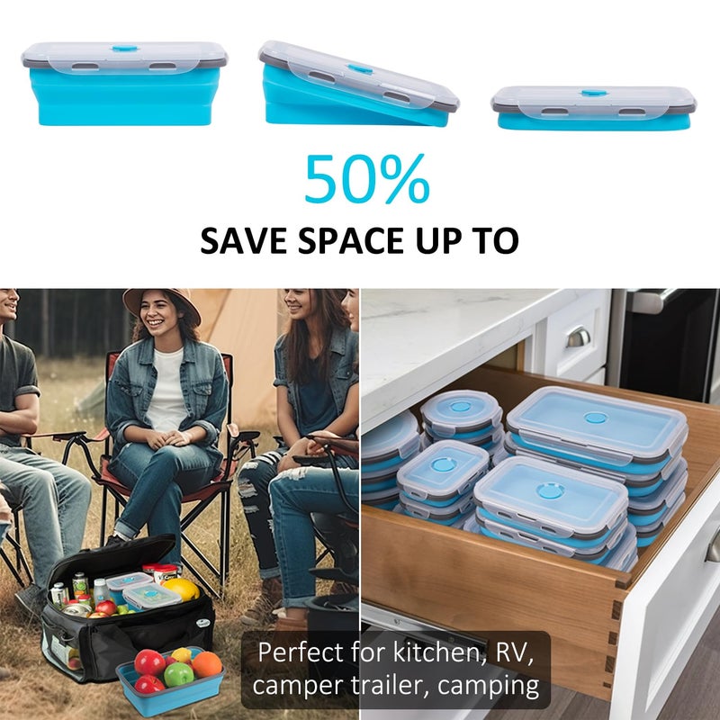 Annaklin Collapsible Food Storage Containers with Lids 20 Pack(81oz/58oz Extra Large Included), 12 Rectangular+8 Round, Annaklin Silicone Collapsible Food Containers Sets Microwave Freezer Dishwasher Safe Blue - Image 4