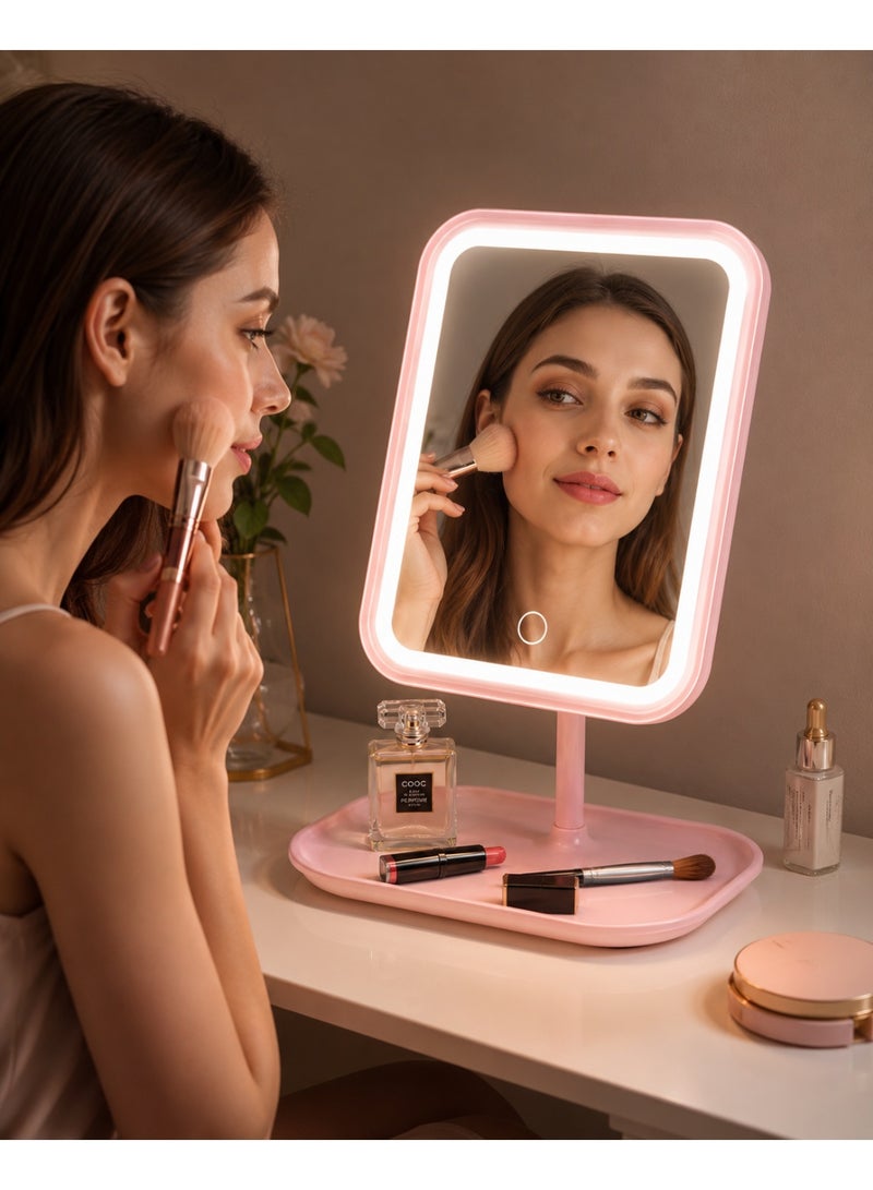 Pink Rechargeable Led Vanity Makeup Mirror With 3 Adjustable Light Modes, Touch Control, 90° Rotation & Storage Tray - Image 4