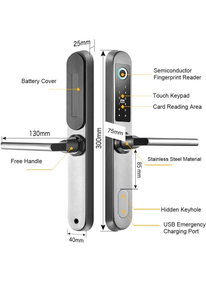 klarako - Smart Fingerprint Door Lock with Handle Touch Screen Keypad Deadbolt Password Code Lever Lock Waterproof Anti‑Theft Door Lock with Key, Card for Apartment Villa School Office (Silver) - Image 1