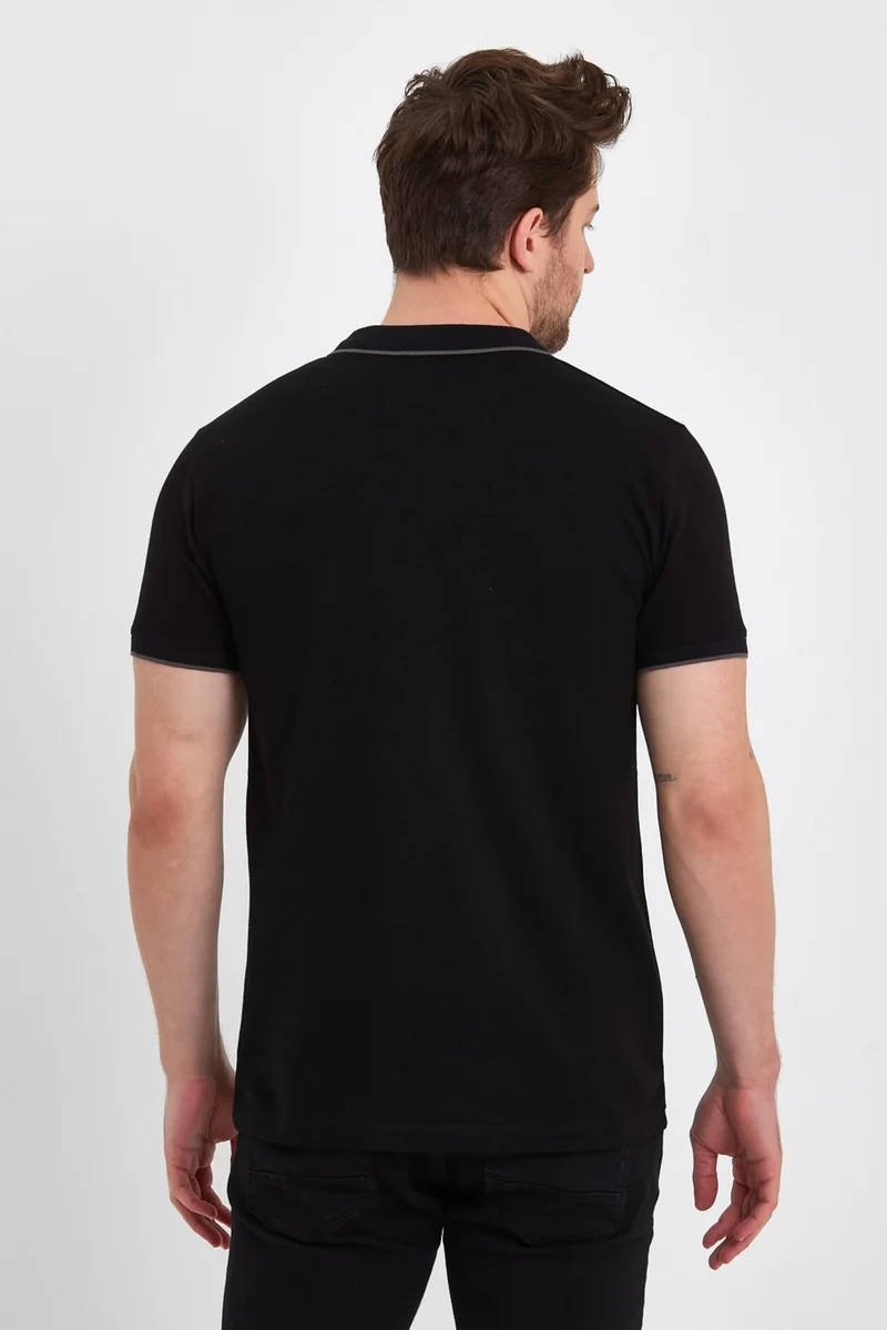 ام ار اس كلوثينج Polo Neck Zipper Collar Detailed Short Sleeve Embroidery Detailed Straight Fit Men's Black T-Shirt