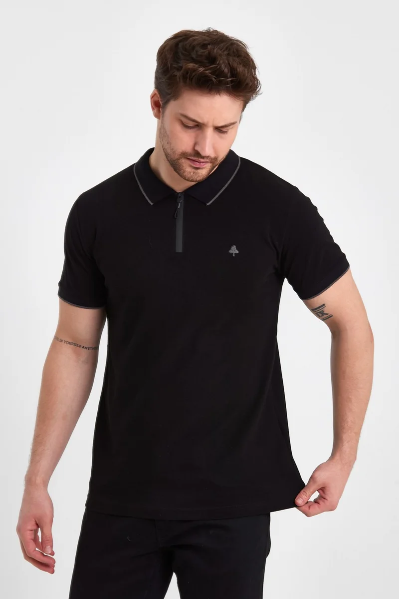 ام ار اس كلوثينج Polo Neck Zipper Collar Detailed Short Sleeve Embroidery Detailed Straight Fit Men's Black T-Shirt