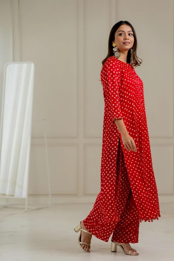 LookMark Women's Cotton Blend Bandhej Printed Bandhani Kurta Palazzo Set with Sequence Lace (AZ-LM-OG-KS2201 RED-S) - Image 5