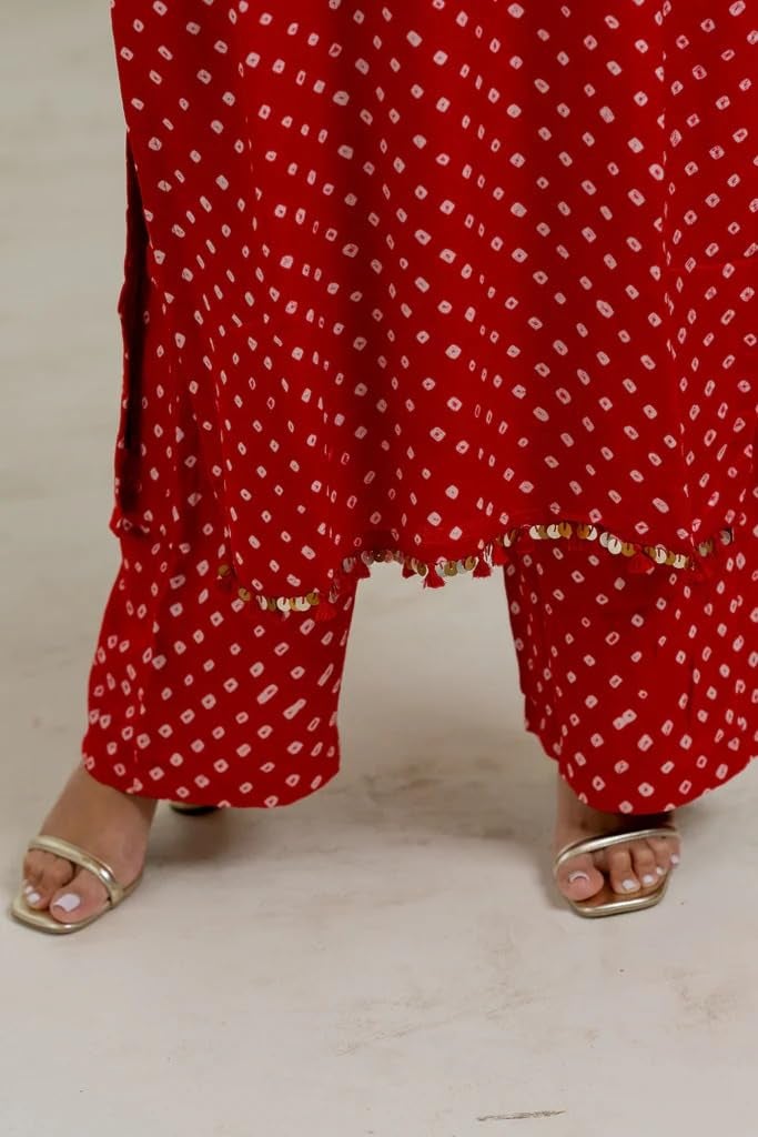 LookMark Women's Cotton Blend Bandhej Printed Bandhani Kurta Palazzo Set with Sequence Lace (AZ-LM-OG-KS2201 RED-S) - Image 2