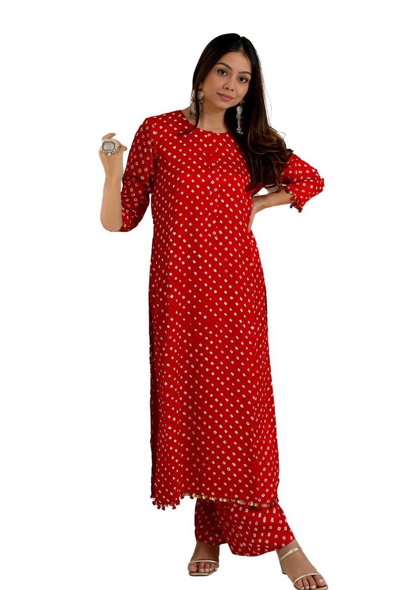 LookMark Women's Cotton Blend Bandhej Printed Bandhani Kurta Palazzo Set with Sequence Lace (AZ-LM-OG-KS2201 RED-S) - Image 1