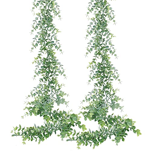 Dolicer 2 Pack Faux Eucalyptus Garland, 12Ft Artificial Vines Fake Hanging Eucalyptus Leaves Greenery Garland for Wedding Backdrop Arch Wall Table Party Indoor Outdoor Decor (Grey Green) - Image 1