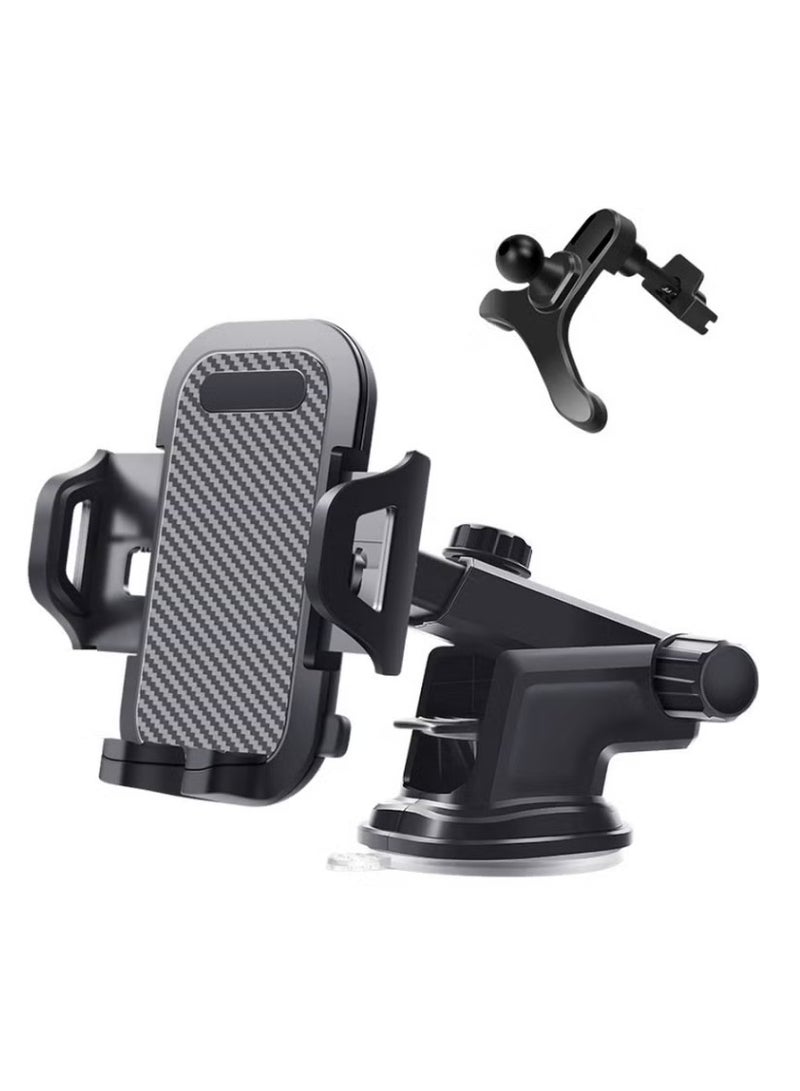 حامل هاتف سيارة عالمي أسود 2 في 1 مع تصميم دوار مضاد للانزلاق والصدمات شفط وفتحة تهوية مزدوجة التثبيت للتابلو والزجاج الأمامي مقاوم للحرارة قبضة قوية متوافق مع iPhone 15 14 S24 S23 - Image 1