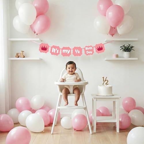 Untumble Half Birthday Decoration Kit for Baby Girl | 6 Month Birthday | Pink Bunting Banner + 20 Pink & White Balloons | Pack of 21 | Safe & Reusable - Image 2