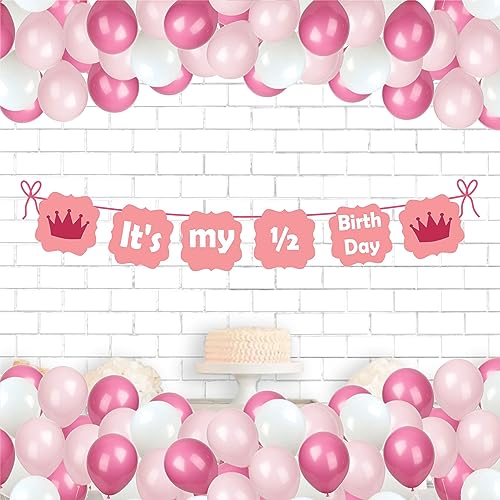 Untumble Half Birthday Decoration Kit for Baby Girl | 6 Month Birthday | Pink Bunting Banner + 20 Pink & White Balloons | Pack of 21 | Safe & Reusable - Image 1