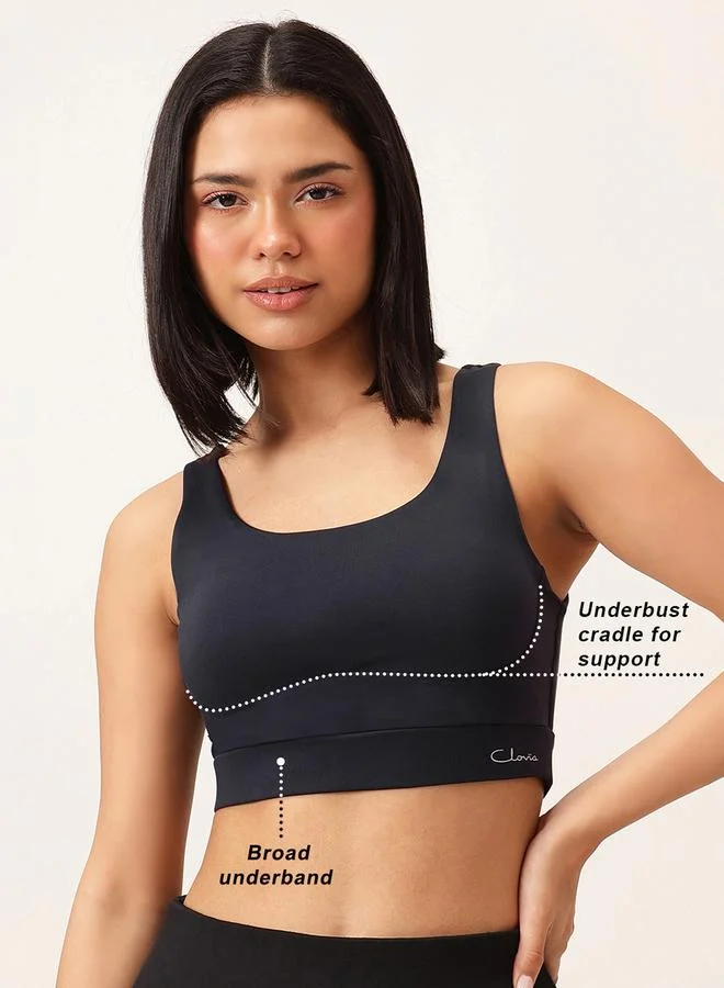 كلوفيا Navy Blue Solid Medium Impact Sports Bra with Removable Cup