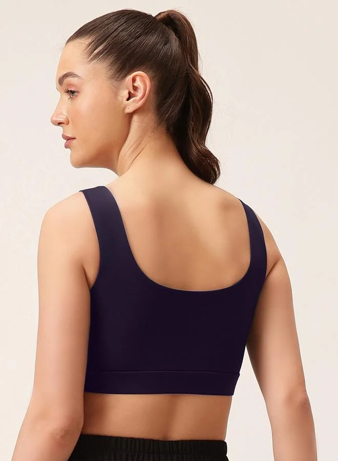 Clovia  Navy Blue Solid Medium Impact Sports Bra with Removable Cup for Women | Best Price UAE