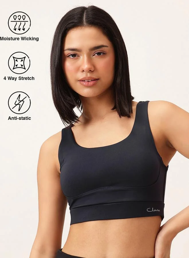 كلوفيا Navy Blue Solid Medium Impact Sports Bra with Removable Cup
