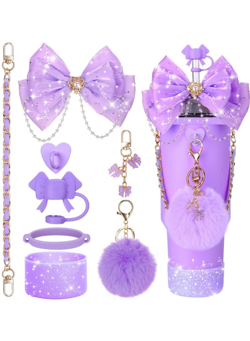 Reema Bling Cup Accessories for Stanley Cup 30oz 40oz 20oz Tumbler with Handle, including Bow Straw Topper Cover, Straw Bow Decorate, Leather Water Bottle Handle Strap, Boot,Purple - Image 1