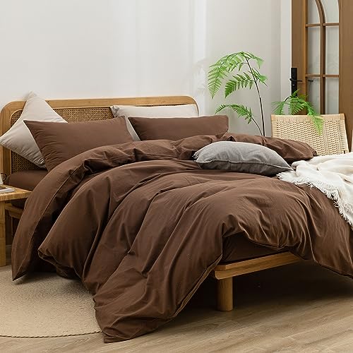 BESTOUCH طقم غطاء لحاف BESTOUCH 100% قطن مغسول بملمس الكتان ناعم للغاية مريح أنيق خفيف الوزن 3 قطع طقم سرير منزلي بني كاكاو ملكي - Image 4