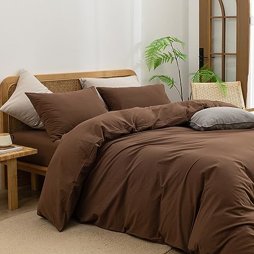 BESTOUCH طقم غطاء لحاف BESTOUCH 100% قطن مغسول بملمس الكتان ناعم للغاية مريح أنيق خفيف الوزن 3 قطع طقم سرير منزلي بني كاكاو ملكي - Image 2