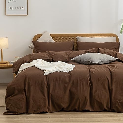 BESTOUCH طقم غطاء لحاف BESTOUCH 100% قطن مغسول بملمس الكتان ناعم للغاية مريح أنيق خفيف الوزن 3 قطع طقم سرير منزلي بني كاكاو ملكي - Image 1