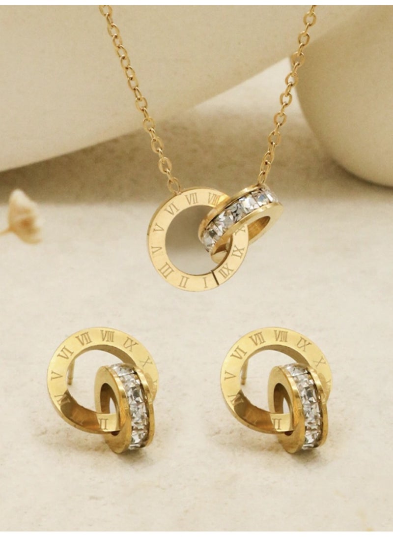 Elegant 3-Piece Jewelry Set -Ring, Earrings - Necklace)-Made  Gold-Plated Stainless Steel With Zircon Stones - Image 5