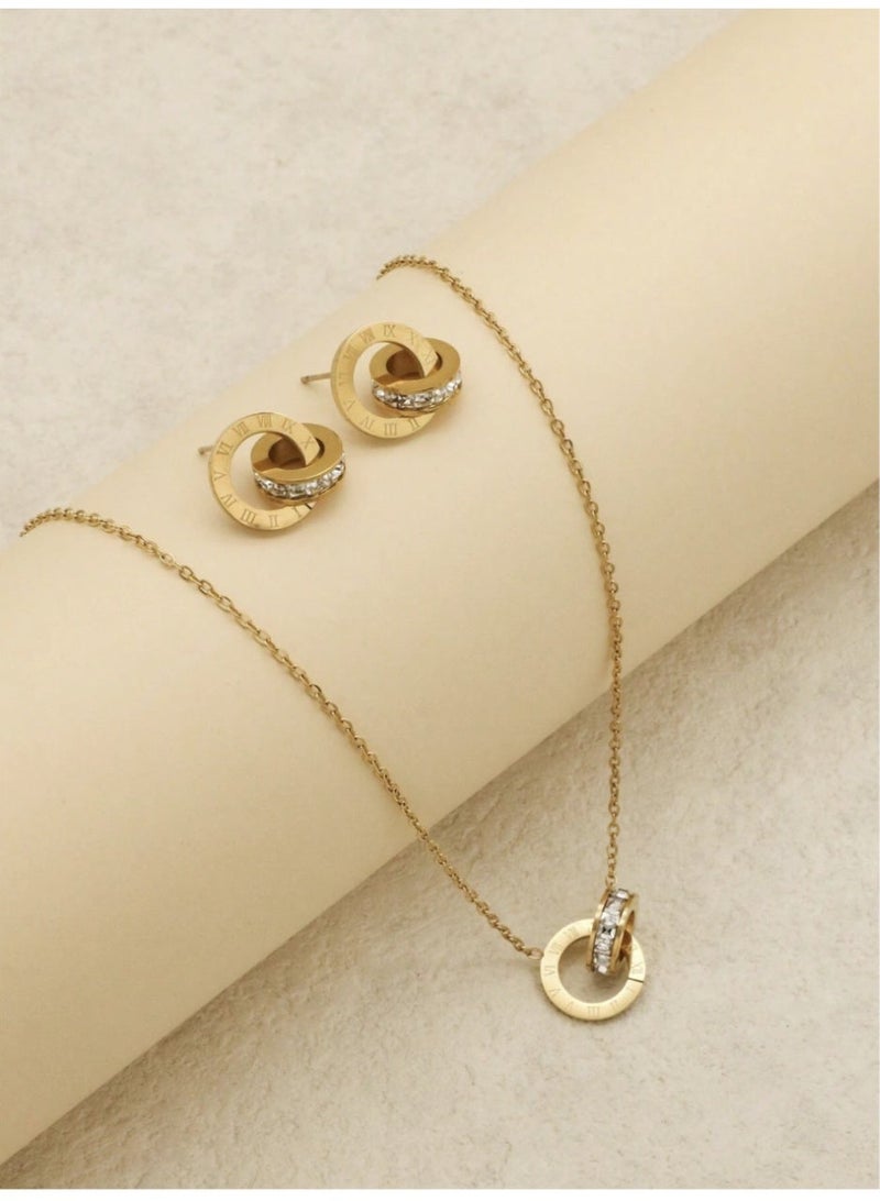 Elegant 3-Piece Jewelry Set -Ring, Earrings - Necklace)-Made  Gold-Plated Stainless Steel With Zircon Stones - Image 4