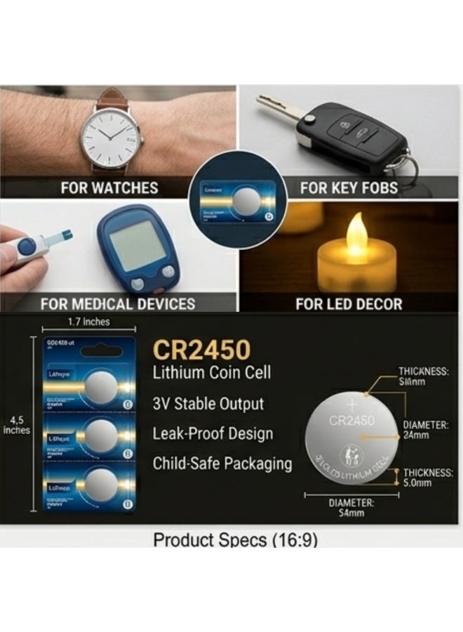 بطارية ليثيوم CR2450 3V (عبوة 5) - خلية عملة طويلة الأمد لمفاتيح السيارة، حساسات أبواب المرآب (MyQ)، والأجهزة الطبية - عمر افتراضي 10 سنوات - Image 4