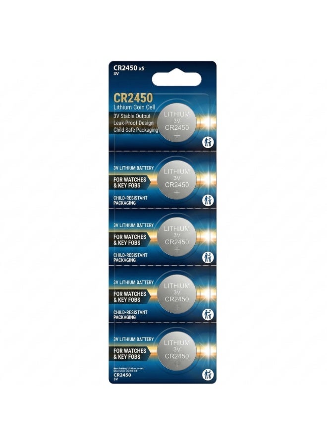 بطارية ليثيوم CR2450 3V (عبوة 5) - خلية عملة طويلة الأمد لمفاتيح السيارة، حساسات أبواب المرآب (MyQ)، والأجهزة الطبية - عمر افتراضي 10 سنوات - Image 1
